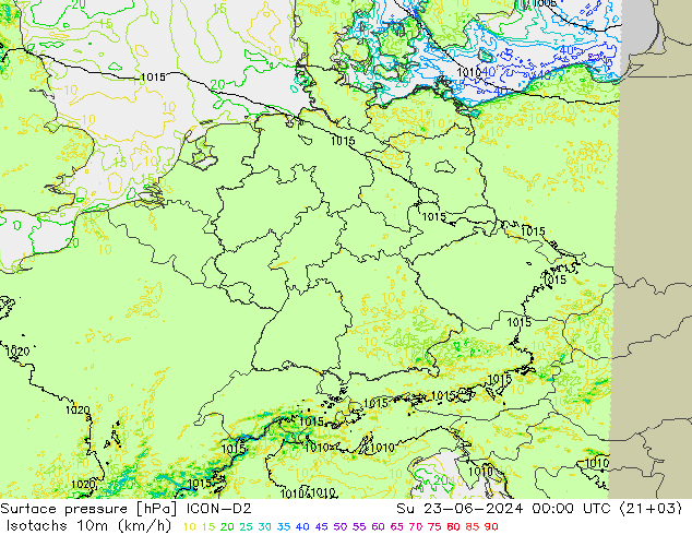 Isotachs (kph) ICON-D2 dim 23.06.2024 00 UTC