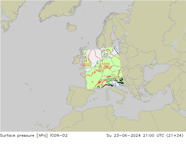 Surface pressure ICON-D2 Su 23.06.2024 21 UTC