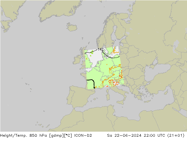 Geop./Temp. 850 hPa ICON-D2 sáb 22.06.2024 22 UTC