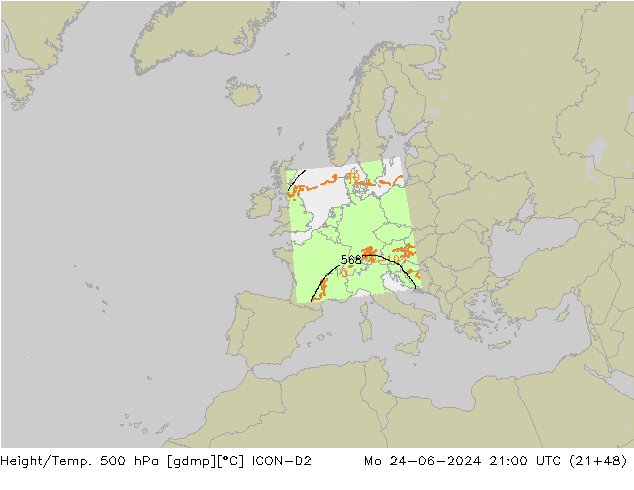 Height/Temp. 500 hPa ICON-D2 Seg 24.06.2024 21 UTC