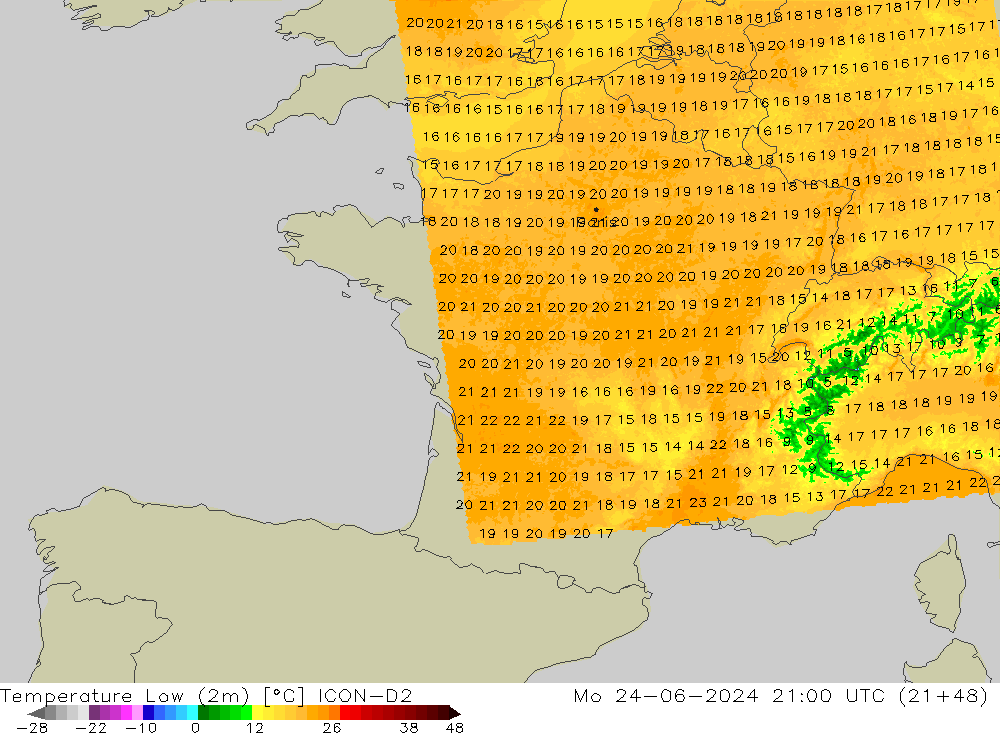 Temperature Low (2m) ICON-D2 Mo 24.06.2024 21 UTC