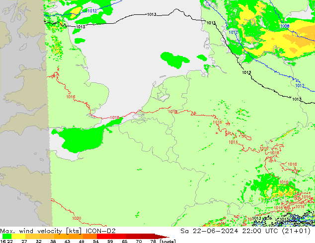 Max. wind velocity ICON-D2 Sa 22.06.2024 22 UTC