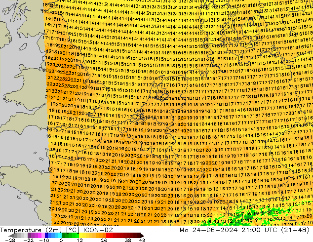 Temperatura (2m) ICON-D2 Seg 24.06.2024 21 UTC