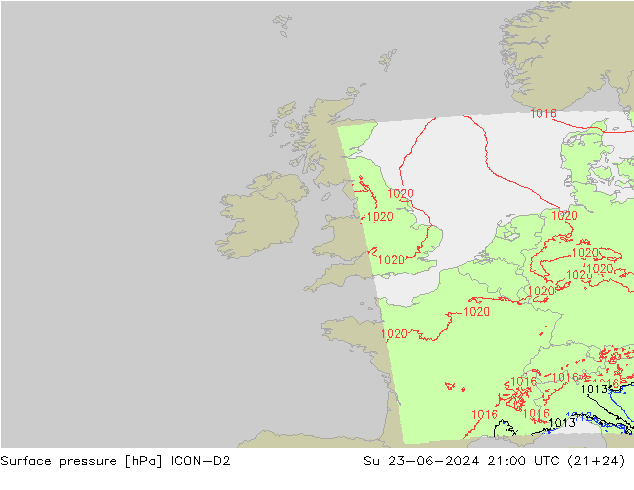 Luchtdruk (Grond) ICON-D2 zo 23.06.2024 21 UTC