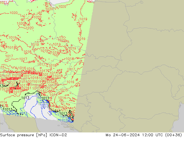 Pressione al suolo ICON-D2 lun 24.06.2024 12 UTC