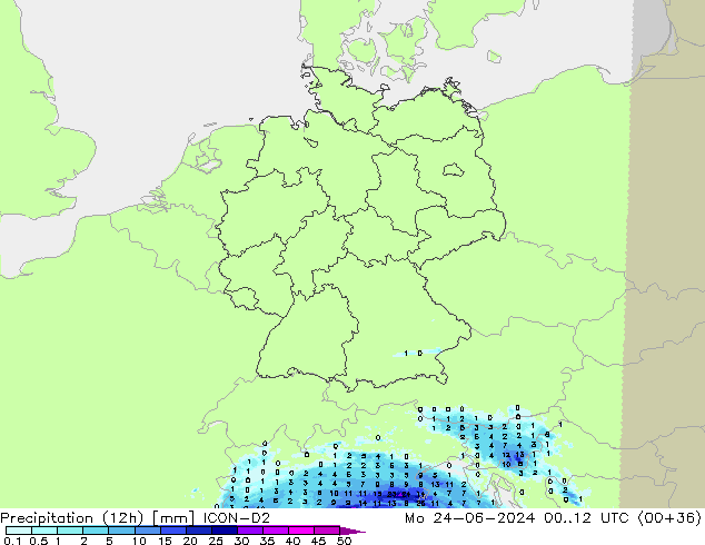 Totale neerslag (12h) ICON-D2 ma 24.06.2024 12 UTC