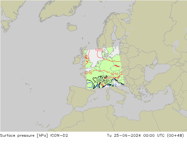 Surface pressure ICON-D2 Tu 25.06.2024 00 UTC