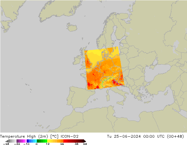 Max.temperatuur (2m) ICON-D2 di 25.06.2024 00 UTC
