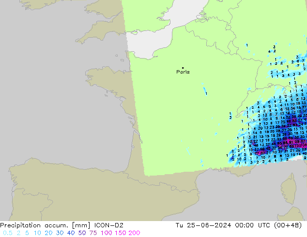 Precipitation accum. ICON-D2  25.06.2024 00 UTC