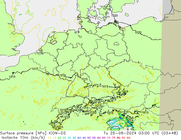 Isotachs (kph) ICON-D2 Tu 25.06.2024 03 UTC