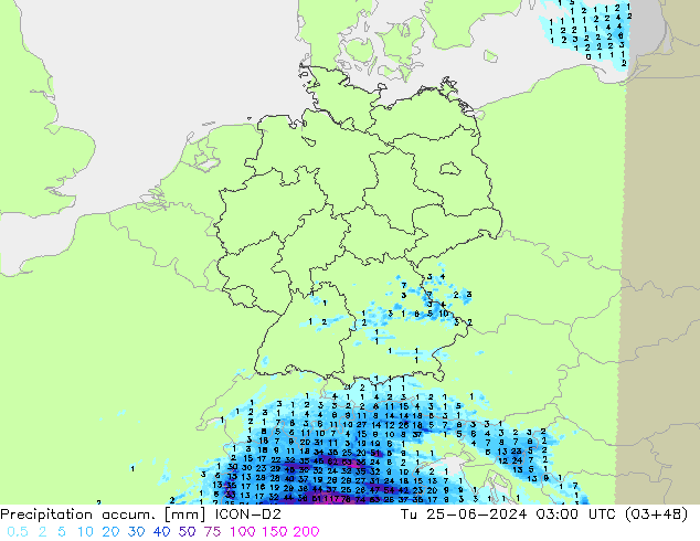 Precipitation accum. ICON-D2 Tu 25.06.2024 03 UTC