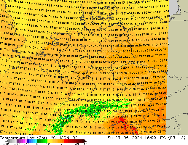 Temperature Low (2m) ICON-D2 Su 23.06.2024 15 UTC