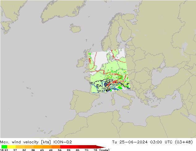 Max. wind velocity ICON-D2 星期二 25.06.2024 03 UTC