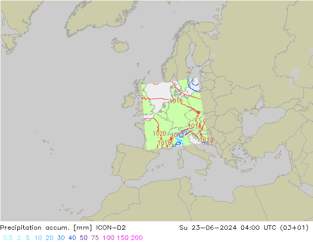 Precipitation accum. ICON-D2 Su 23.06.2024 04 UTC
