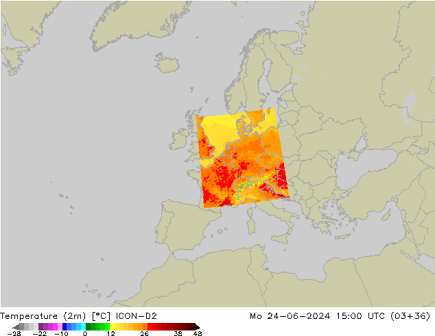 Temperature (2m) ICON-D2 Po 24.06.2024 15 UTC