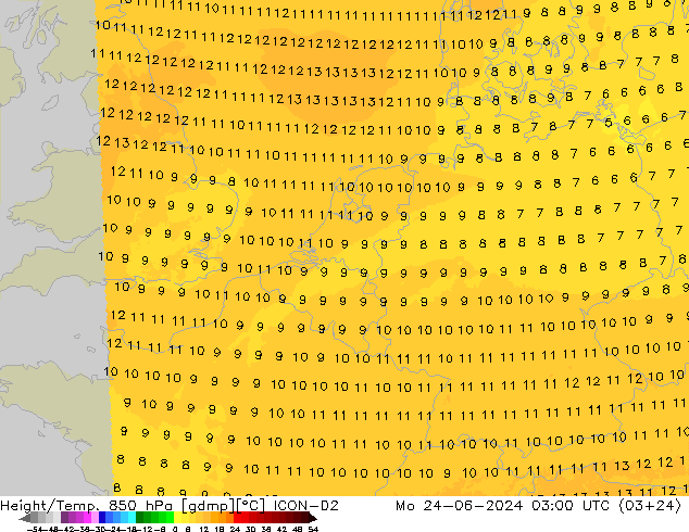 Height/Temp. 850 hPa ICON-D2 Mo 24.06.2024 03 UTC