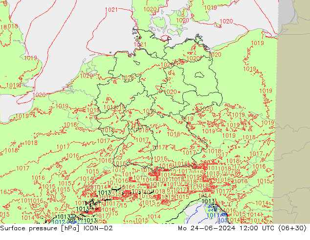 Surface pressure ICON-D2 Mo 24.06.2024 12 UTC