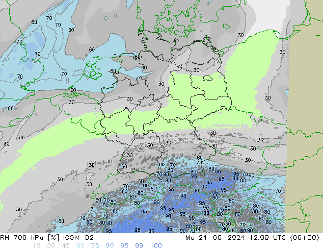 RH 700 hPa ICON-D2 Po 24.06.2024 12 UTC