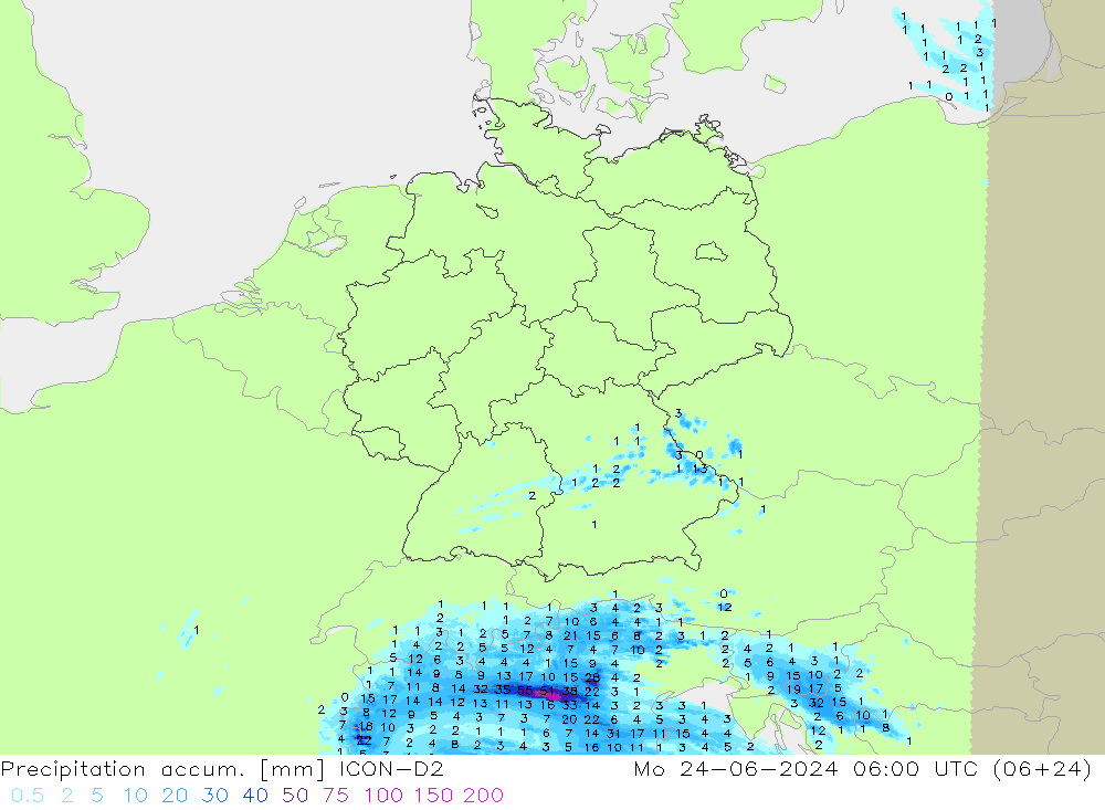 Precipitation accum. ICON-D2 星期一 24.06.2024 06 UTC