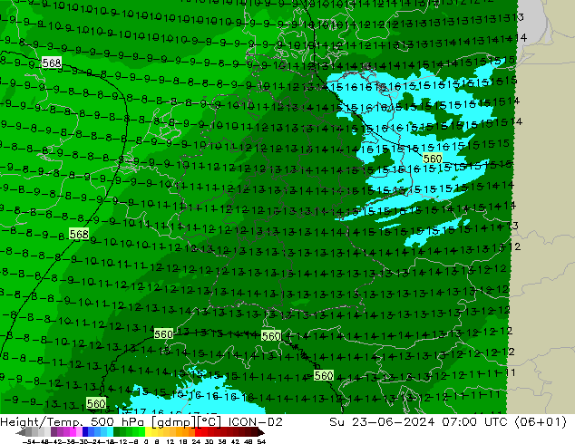 Height/Temp. 500 hPa ICON-D2  23.06.2024 07 UTC