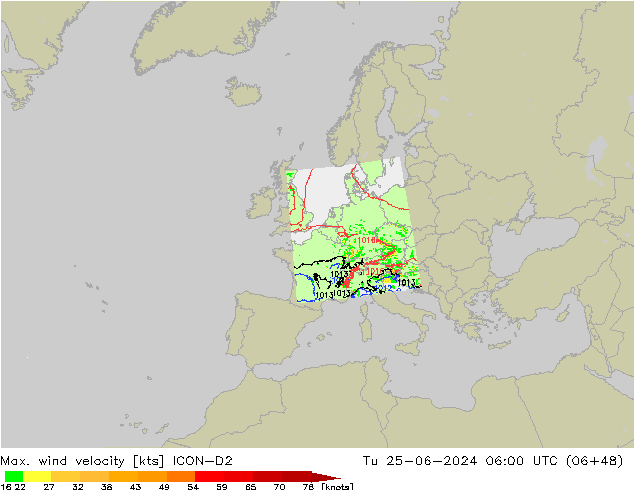 Max. wind velocity ICON-D2 Tu 25.06.2024 06 UTC