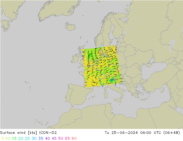 wiatr 10 m ICON-D2 wto. 25.06.2024 06 UTC