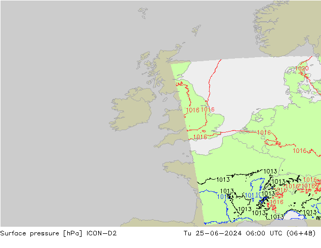 Surface pressure ICON-D2 Tu 25.06.2024 06 UTC