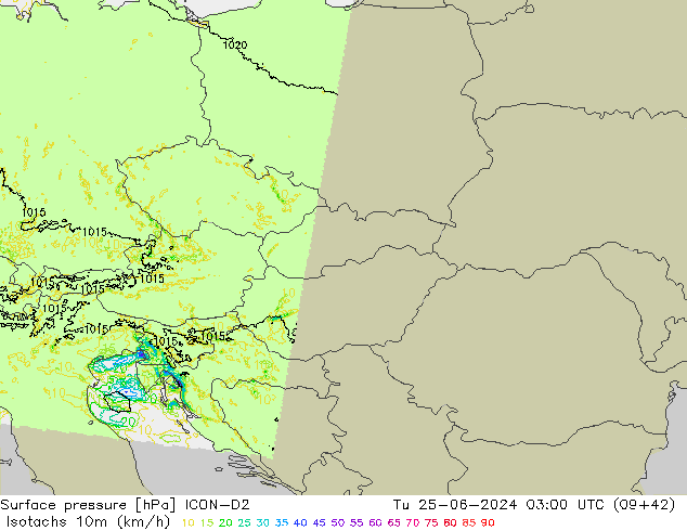 Eşrüzgar Hızları (km/sa) ICON-D2 Sa 25.06.2024 03 UTC