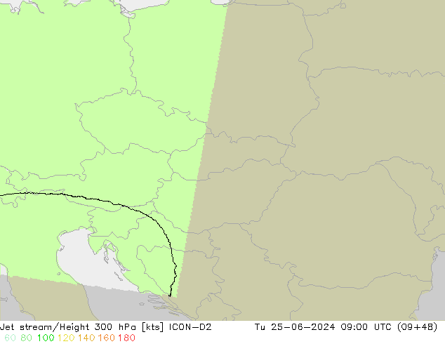 Jet stream/Height 300 hPa ICON-D2 Út 25.06.2024 09 UTC