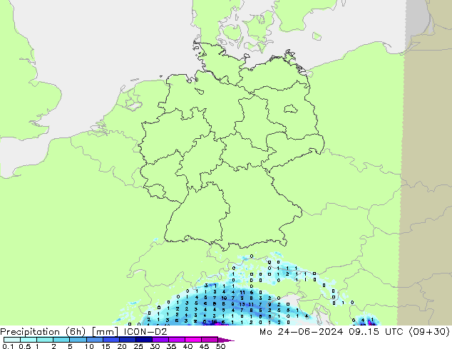 Precipitation (6h) ICON-D2 Mo 24.06.2024 15 UTC