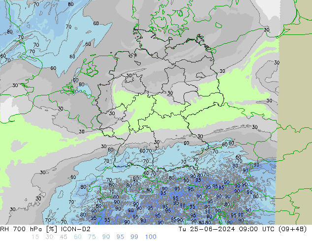 Humidité rel. 700 hPa ICON-D2 mar 25.06.2024 09 UTC