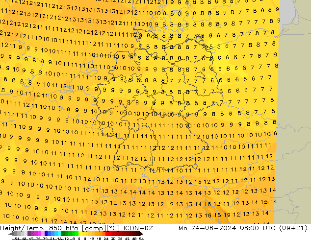 Height/Temp. 850 hPa ICON-D2 Mo 24.06.2024 06 UTC