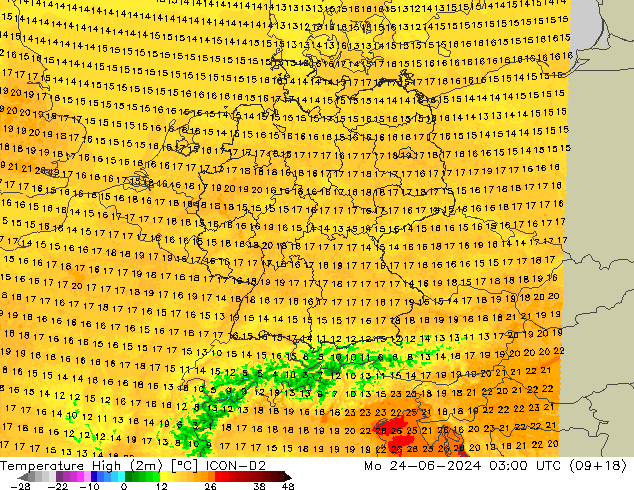 Nejvyšší teplota (2m) ICON-D2 Po 24.06.2024 03 UTC