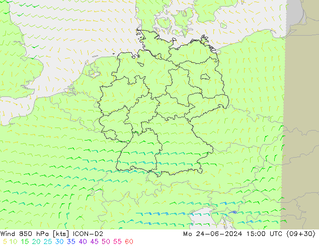 Vento 850 hPa ICON-D2 lun 24.06.2024 15 UTC