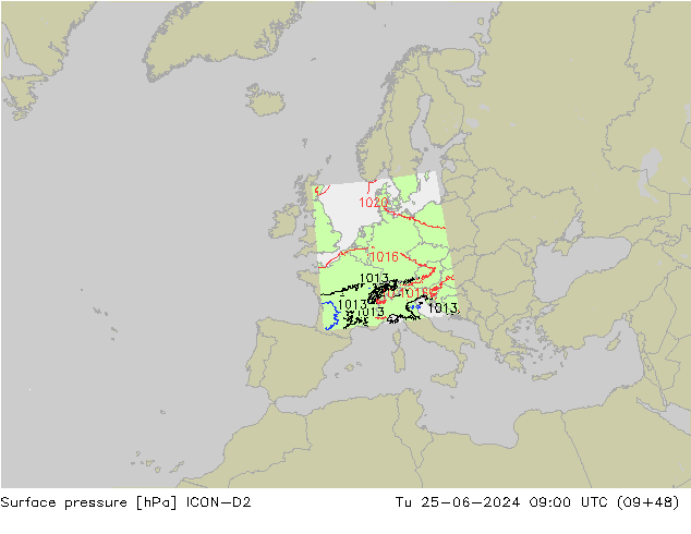 Surface pressure ICON-D2 Tu 25.06.2024 09 UTC