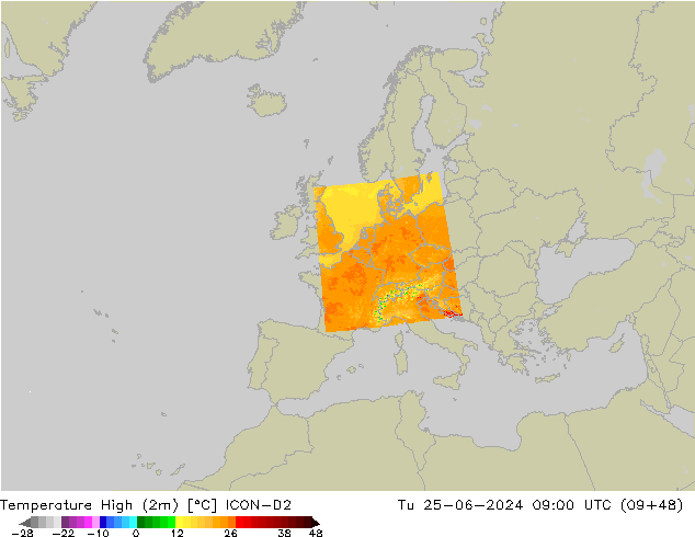 Temperature High (2m) ICON-D2 Tu 25.06.2024 09 UTC
