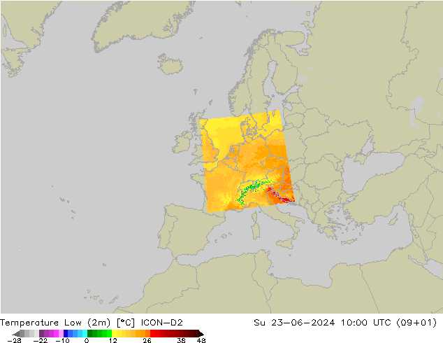 Tiefstwerte (2m) ICON-D2 So 23.06.2024 10 UTC