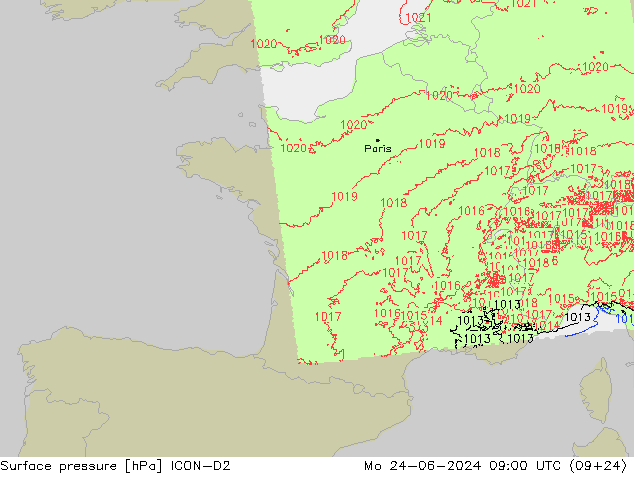 Presión superficial ICON-D2 lun 24.06.2024 09 UTC