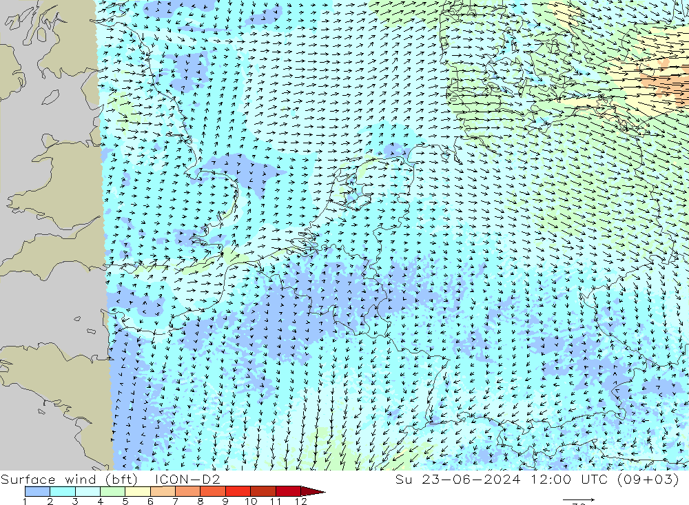 Vento 10 m (bft) ICON-D2 dom 23.06.2024 12 UTC
