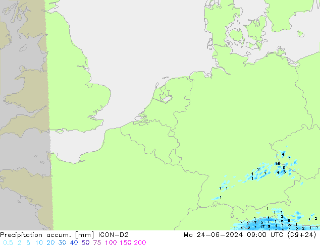 Précipitation accum. ICON-D2 lun 24.06.2024 09 UTC