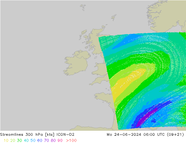 Streamlines 300 hPa ICON-D2 Mo 24.06.2024 06 UTC