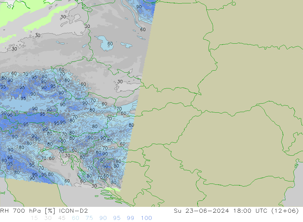 RH 700 hPa ICON-D2 Su 23.06.2024 18 UTC