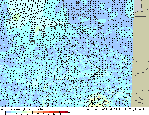 Vento 10 m (bft) ICON-D2 Ter 25.06.2024 00 UTC