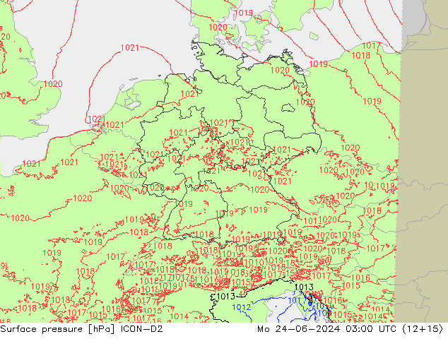 Pressione al suolo ICON-D2 lun 24.06.2024 03 UTC