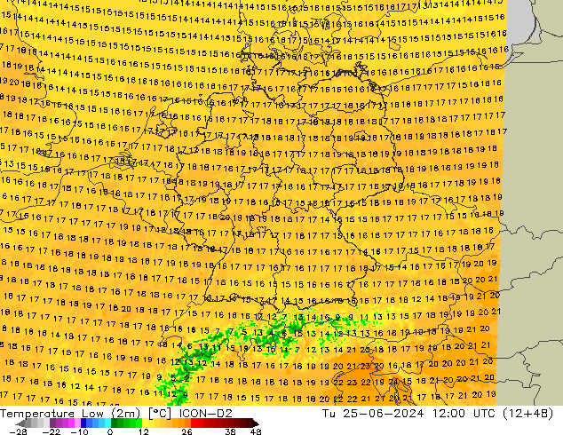 Temperature Low (2m) ICON-D2 Tu 25.06.2024 12 UTC