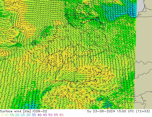 Vento 10 m ICON-D2 Dom 23.06.2024 15 UTC