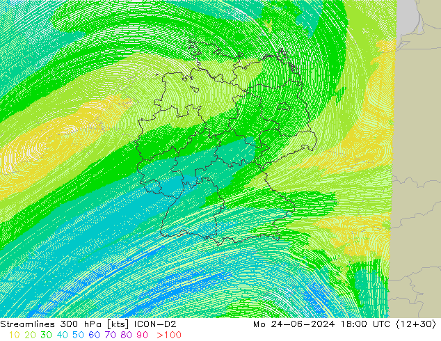 Stroomlijn 300 hPa ICON-D2 ma 24.06.2024 18 UTC