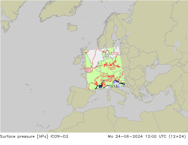 Pressione al suolo ICON-D2 lun 24.06.2024 12 UTC