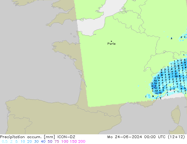 Precipitation accum. ICON-D2 Mo 24.06.2024 00 UTC