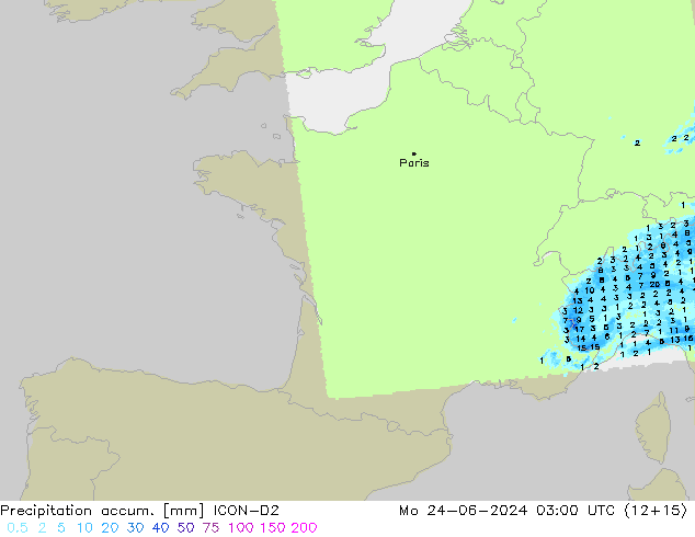 Precipitation accum. ICON-D2 Mo 24.06.2024 03 UTC
